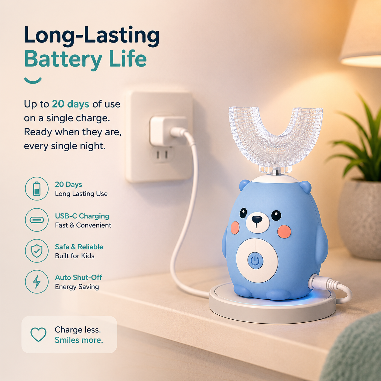 SnugBrush charging on a bedside table, showing long battery life and USB-C charging