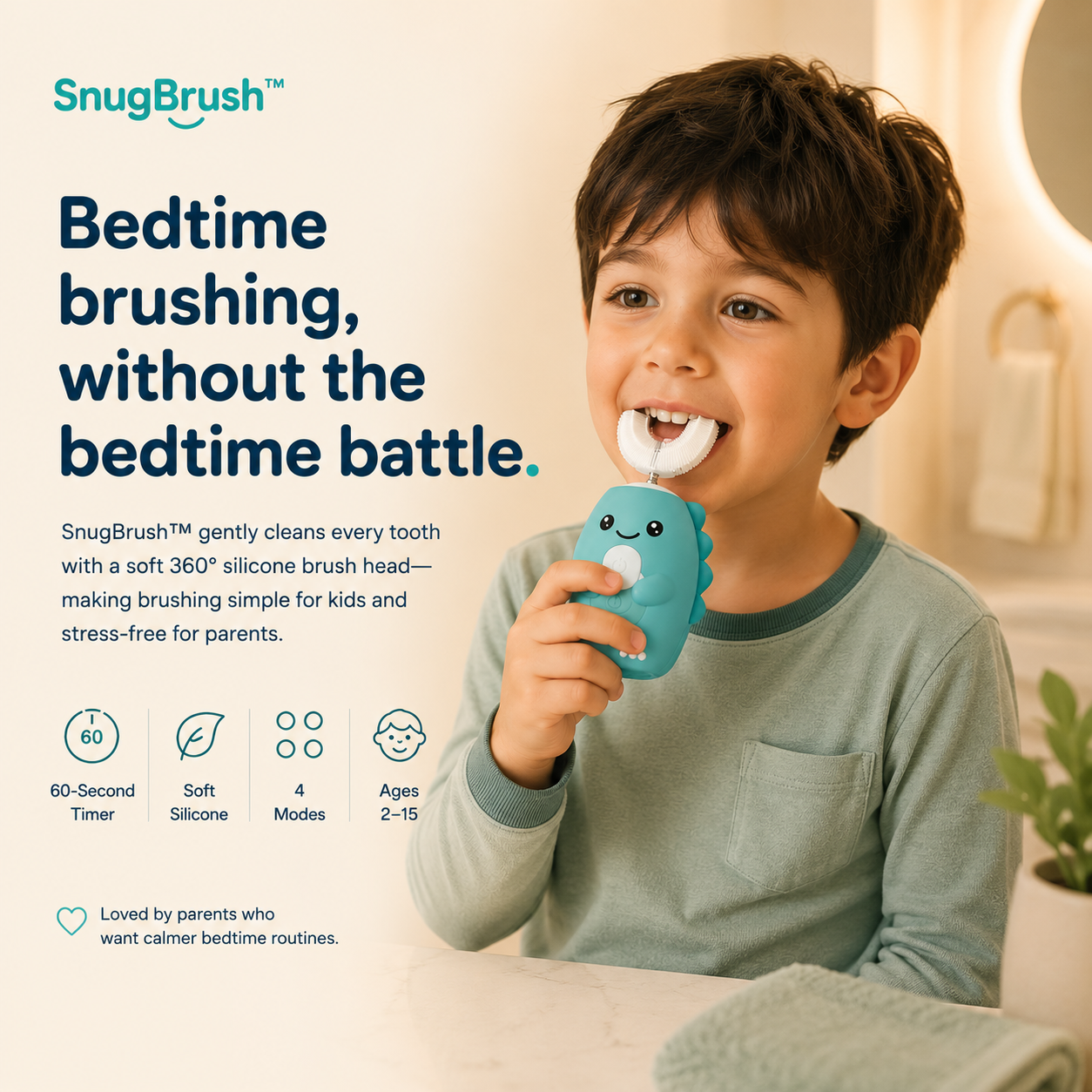 A young boy brushing with the SnugBrush 360° sonic kids toothbrush